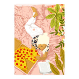 Pepperoni Pizza | Holiday Weekend Food Binge | Modern Bohemian Woman Reading in a Pastel Bedroom (Print Only) thumbnail