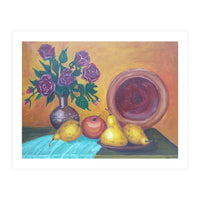 Still life with pears, roses and a dish. (Print Only)