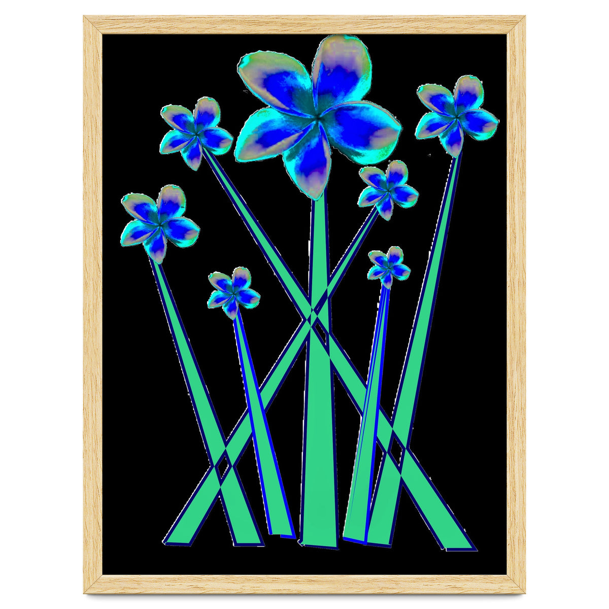 Blue flowers on black.