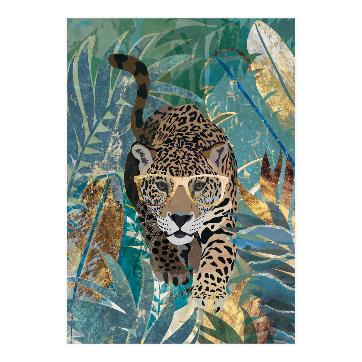Jaguar in the gold and green tropical jungle (Print Only)