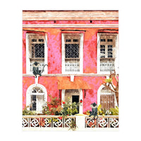 Monkey Business | Watercolor Tropical Goa Architecture Painting | Travel Pastel Pink Blush Building (Print Only)
