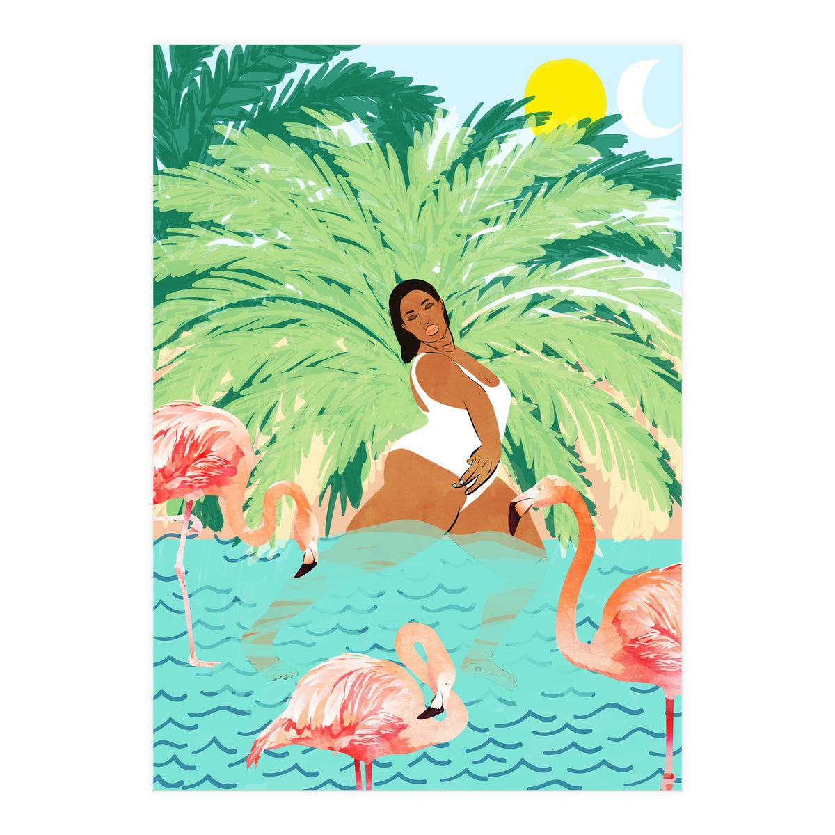 Tropical Summer Water Yoga with Palm & Flamingos | Woman of Color Black Woman Body Positivity (Print Only)