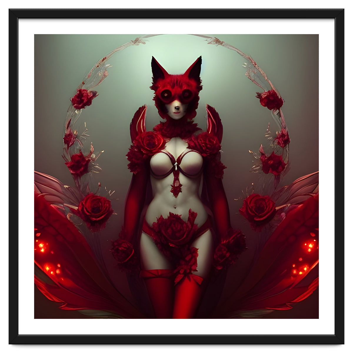 Red Floral Fox Vixen in Lingerie with Roses