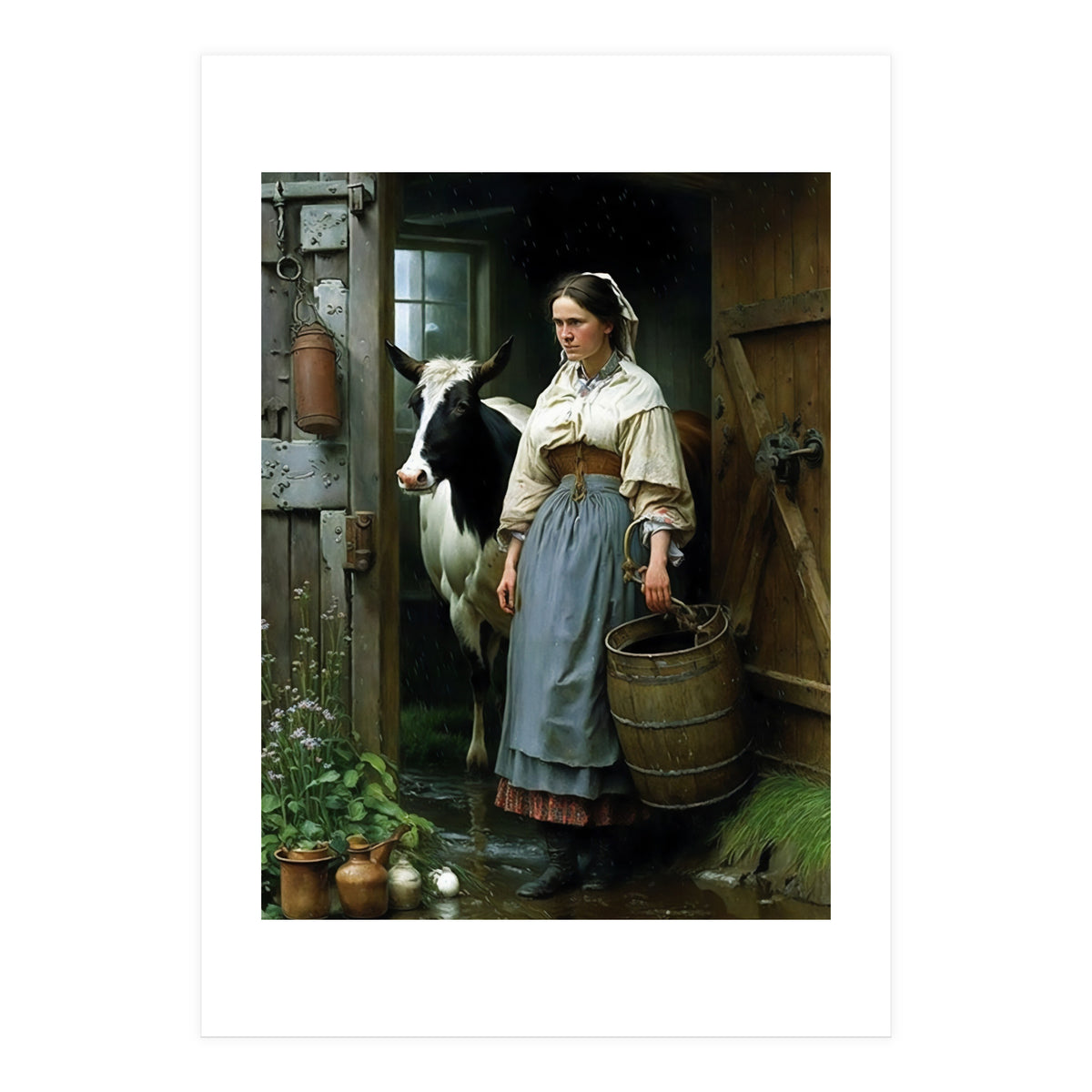 Farm Girl and Cow in Barn Oil Painting (Print Only)