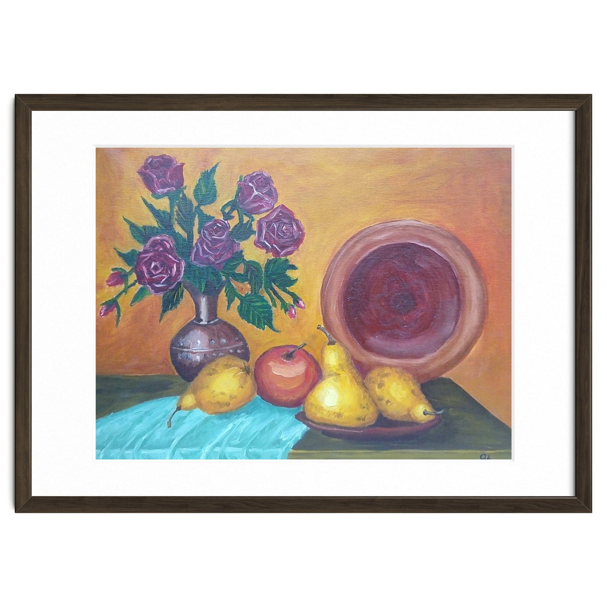 Still life with pears, roses and a dish.