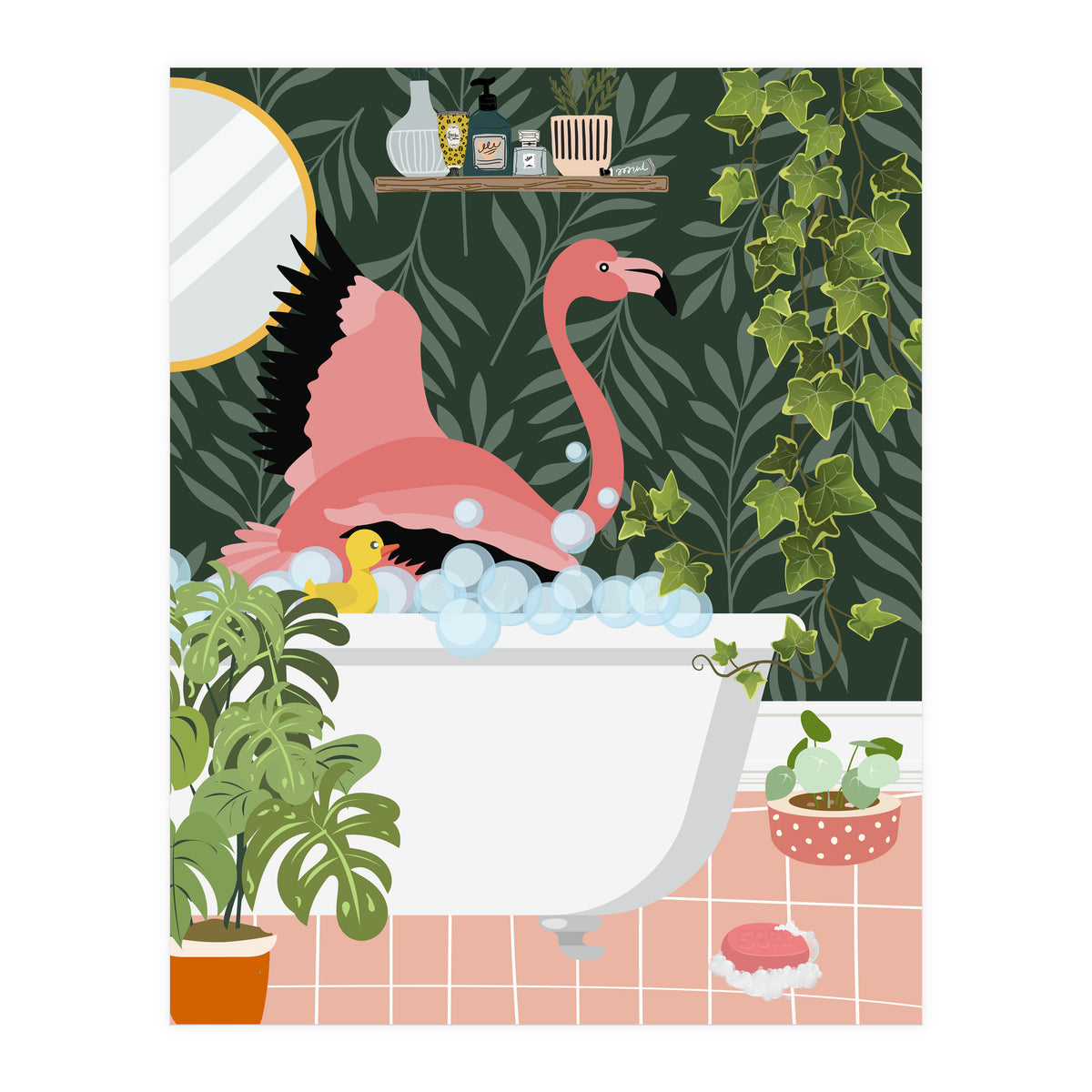 Flamingo Taking a Bubble Bath (Print Only)