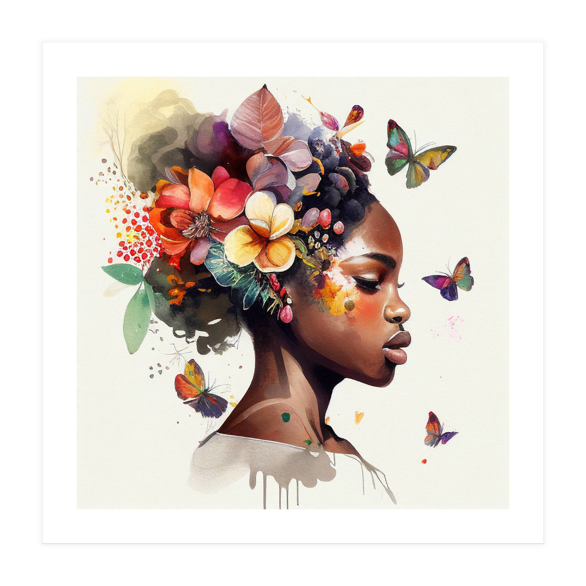 Watercolor Butterfly African Woman #6 (Print Only)