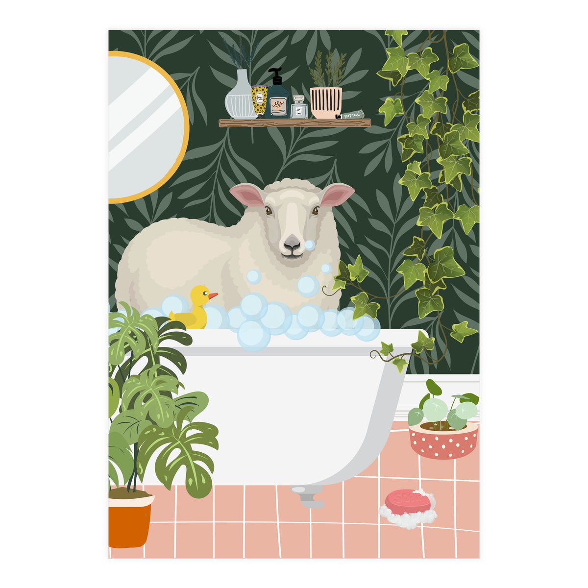 Sheep in Botanical Bathroom (Print Only)