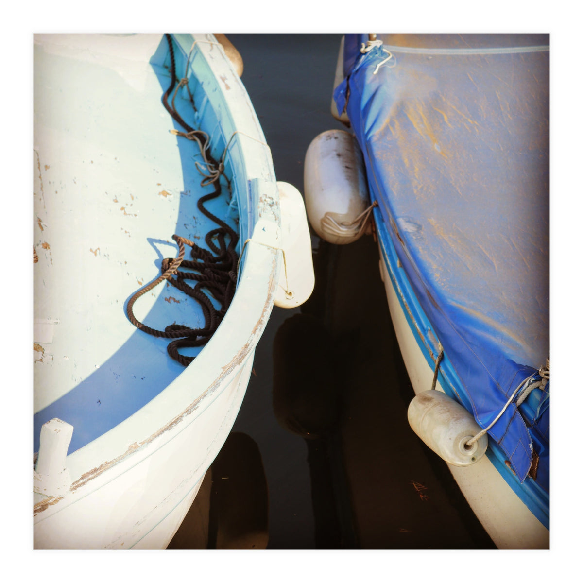 Blue and white wooden fishing boats (Print Only)