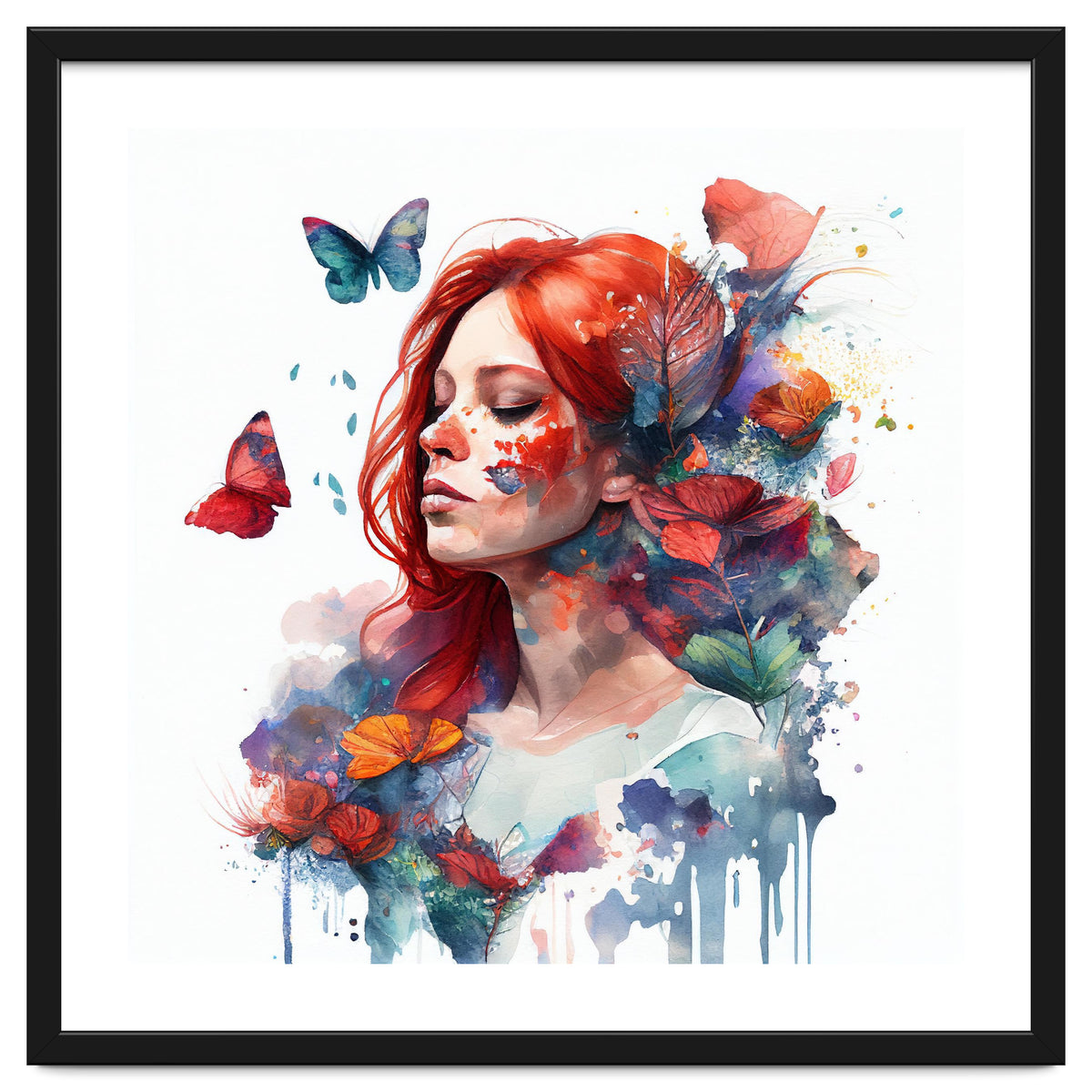 Watercolor Floral Red Hair Woman #2