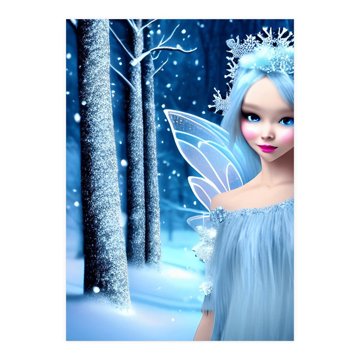 Cute 3d light blue Winter Fairy in the Forest (Print Only)