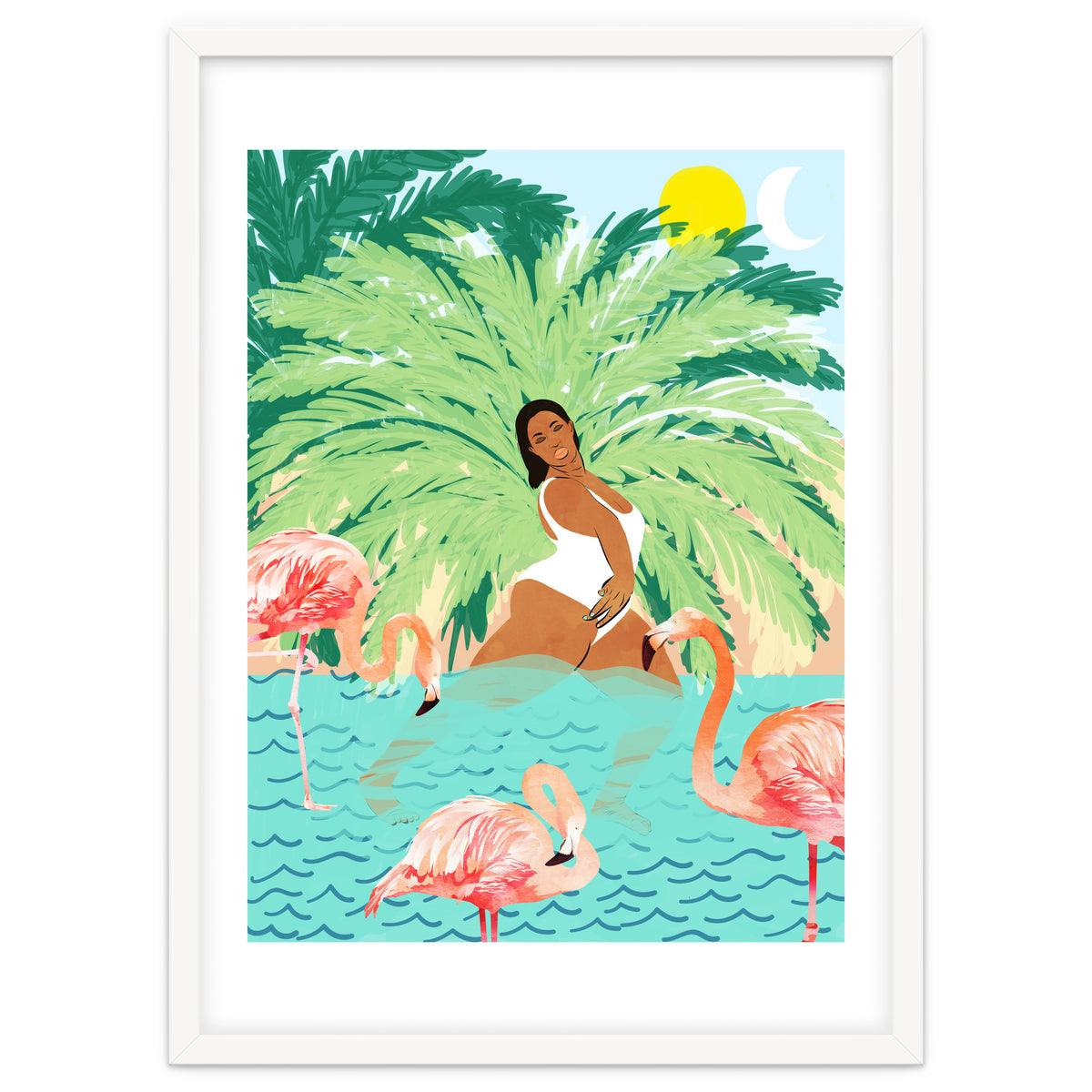 Tropical Summer Water Yoga with Palm & Flamingos | Woman of Color Black Woman Body Positivity