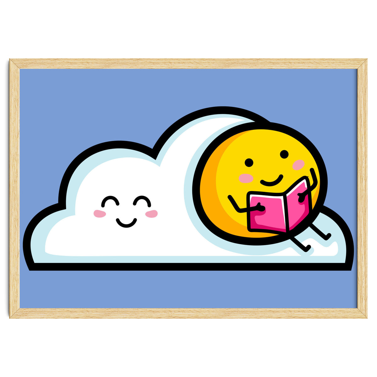 Kawaii Cute Sun Reading A Book On A Cloud