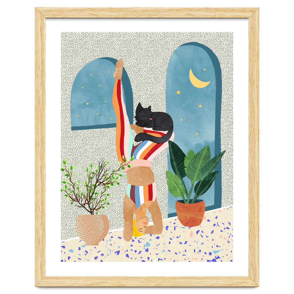 Headstand, Cat Yoga, Active Woman Workout, Eclectic Colorful Pets Terrazzo