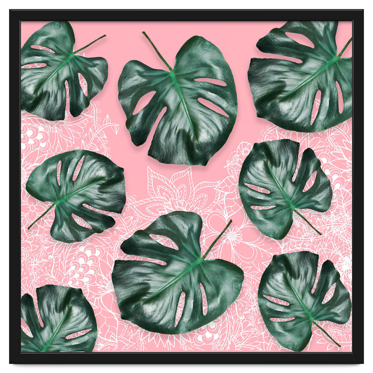 Modern 3d green tropical monstera leaf photo on blush pink white floral illustration