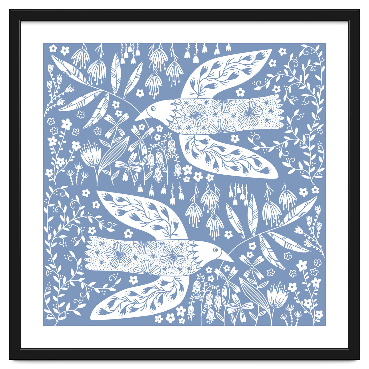 Doves And Flowers White On Blue