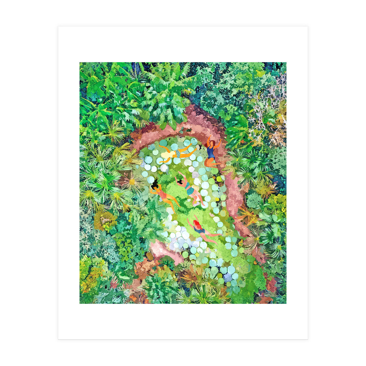 Tropical Vacay | Rainforest Jungle Botanical Lush Nature | Summer Lake People Swim | Boho Painting (Print Only)
