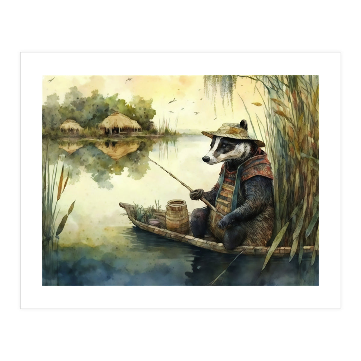 Badger Fishing Watercolor Painting (Print Only)