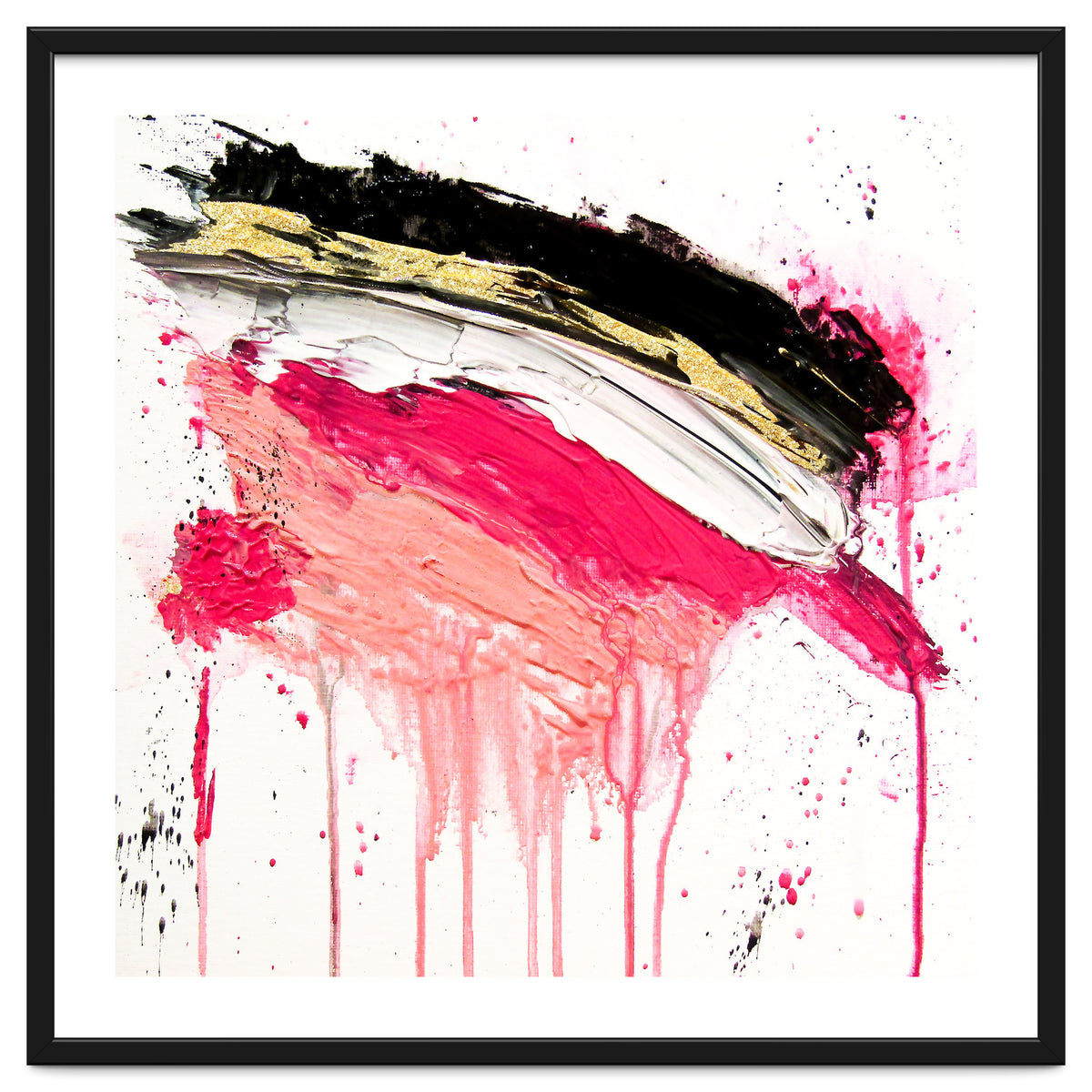 Modern Abstract Pink Black Gold Brushstrokes Splatters Acrylic