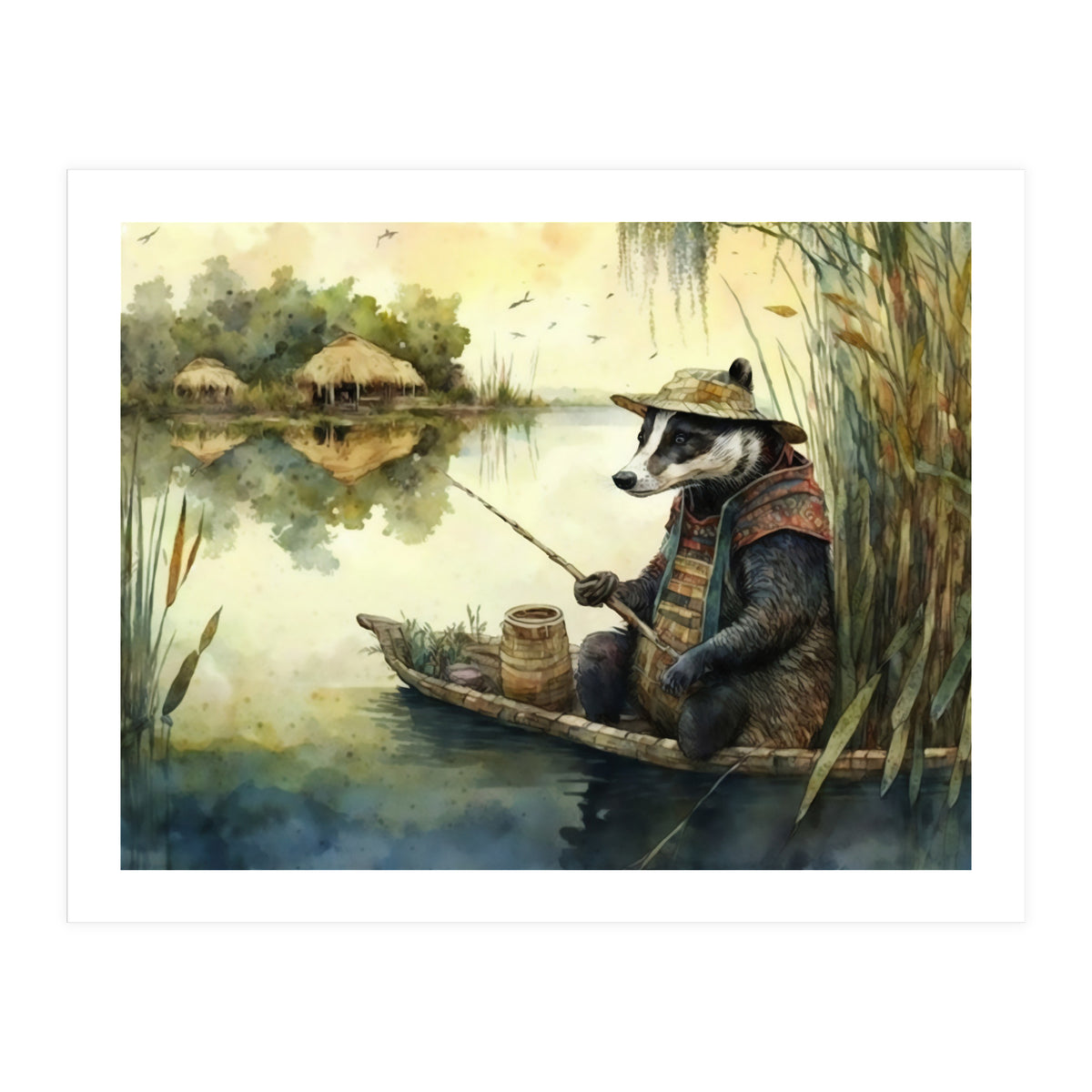 Badger Fishing Watercolor Painting (Print Only)