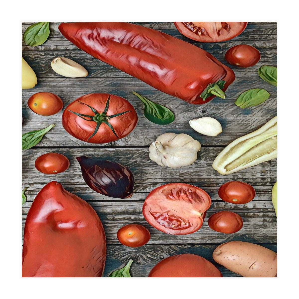 Tomatoes and bell peppers, healthy table (Print Only)