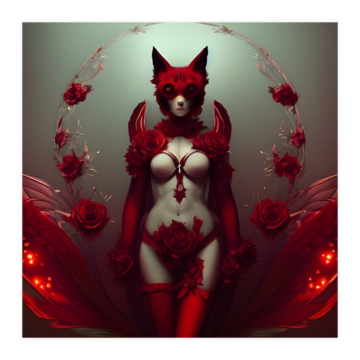 Red Floral Fox Vixen in Lingerie with Roses (Print Only)