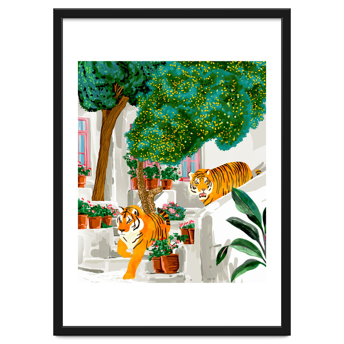 Tigers in Greece | Santorini Travel Architecture, Wildlife Animal Painting | Watercolor Illustration