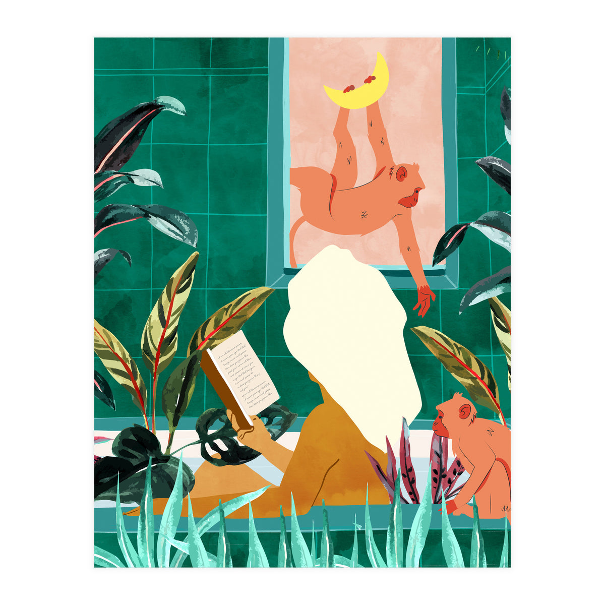 Urban Jungle Bath | Tropical Modern Bohemian Woman Bathtub | Pet Monkey Wild Animals Moon Watercolor (Print Only)