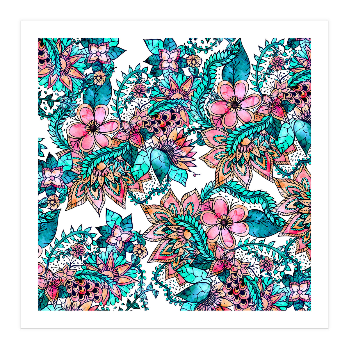 Boho turquoise pink floral watercolor illustration (Print Only)