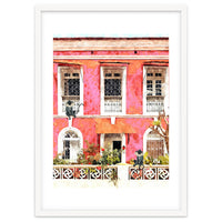 Monkey Business | Watercolor Tropical Goa Architecture Painting | Travel Pastel Pink Blush Building