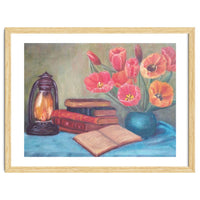 Still life with tulips, books and an old lamp.