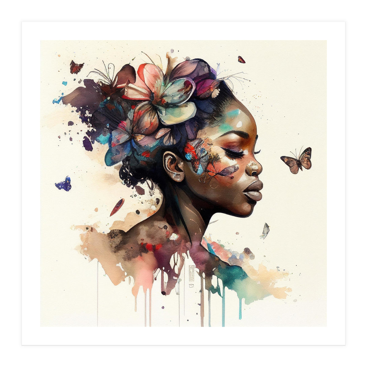 Watercolor Butterfly African Woman #11 (Print Only)