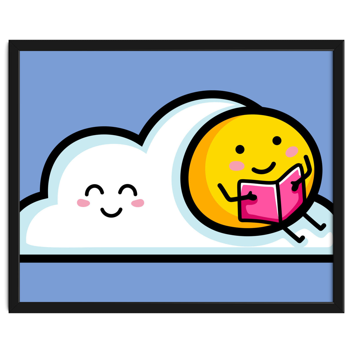 Kawaii Cute Sun Reading A Book On A Cloud