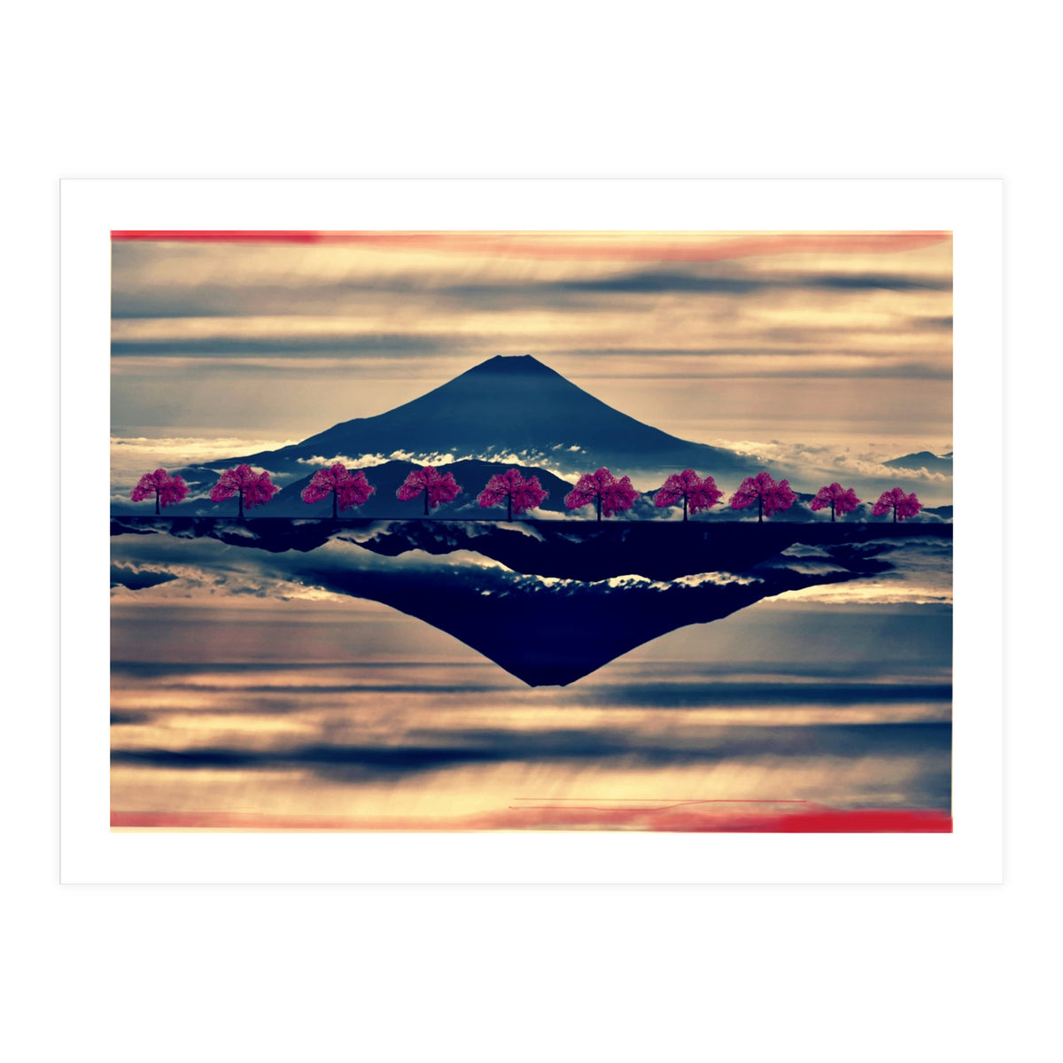 Reflection on Mount Fuji with cherry trees. (Print Only)