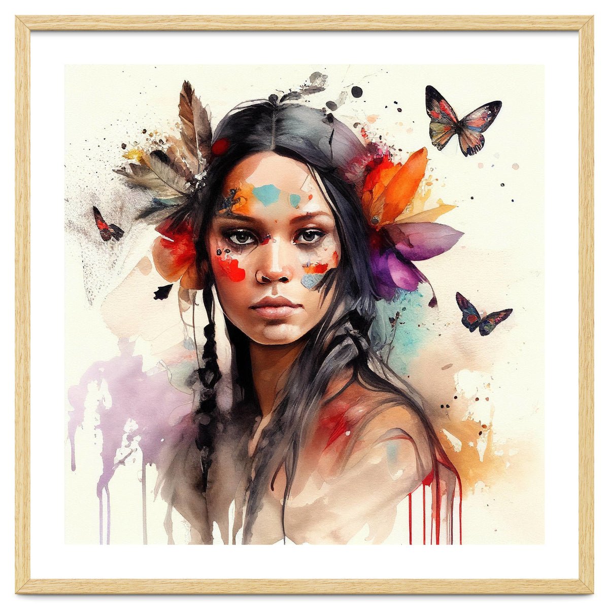 Watercolor Floral Indian Native Woman #6