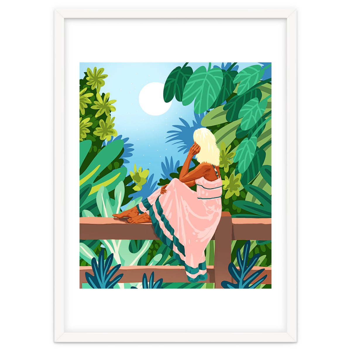 Forest Moon, Bohemian Woman Jungle Nature Tropical Colorful Travel Fashion Illustration