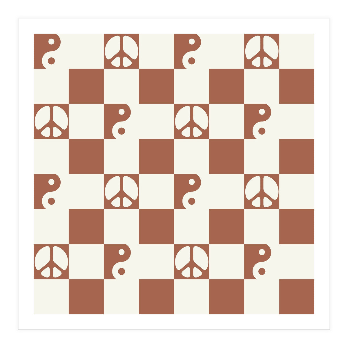 Checkered Peace Symbol & Yin Yang Pattern \\ Beige & Brown Color Palette (Print Only)