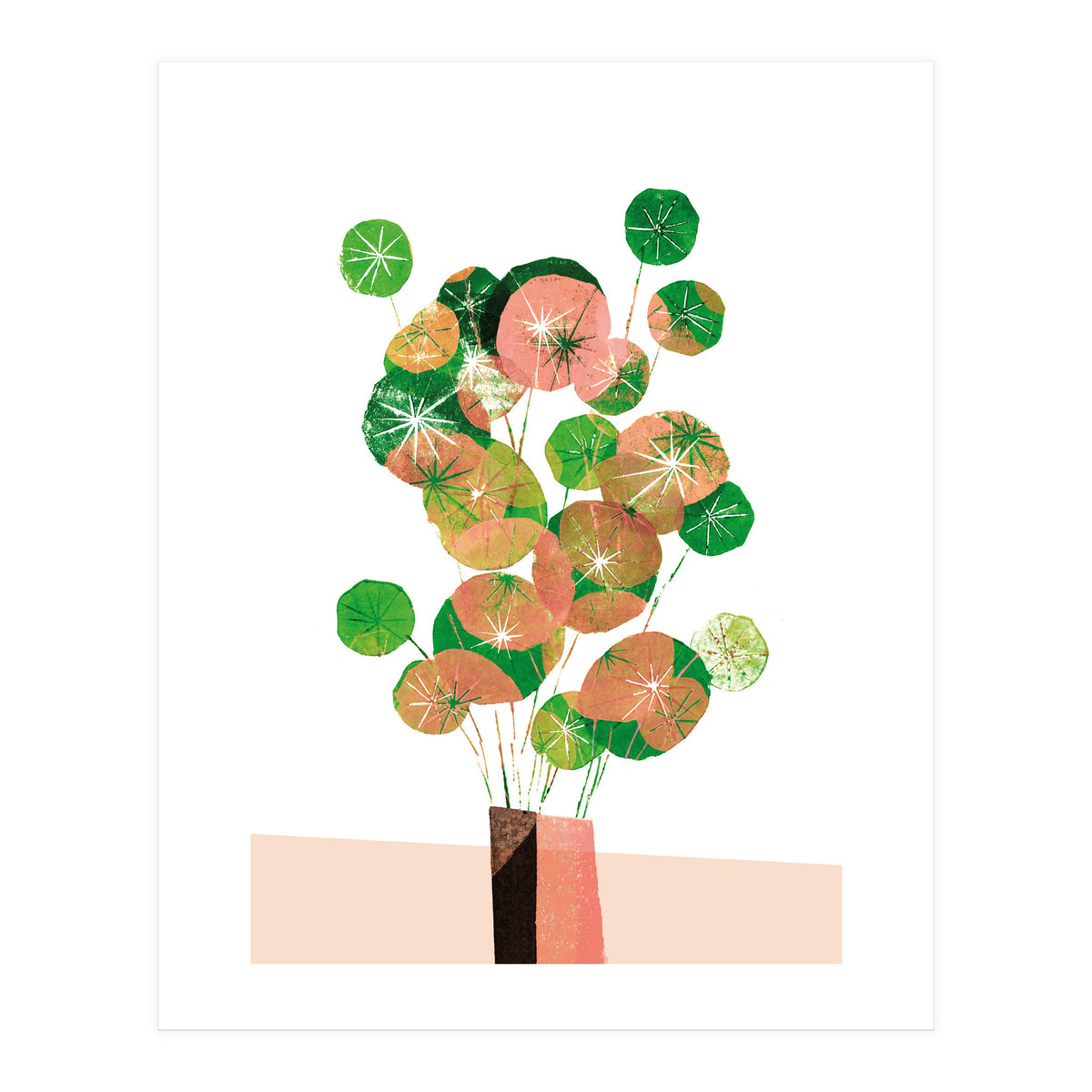 Pilea In Green And Coral (Print Only)