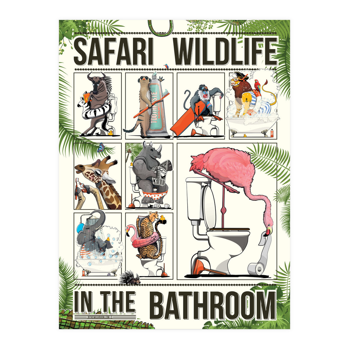 Safari wildlife animals in the bathroom, funny toilet humour.  (Print Only)