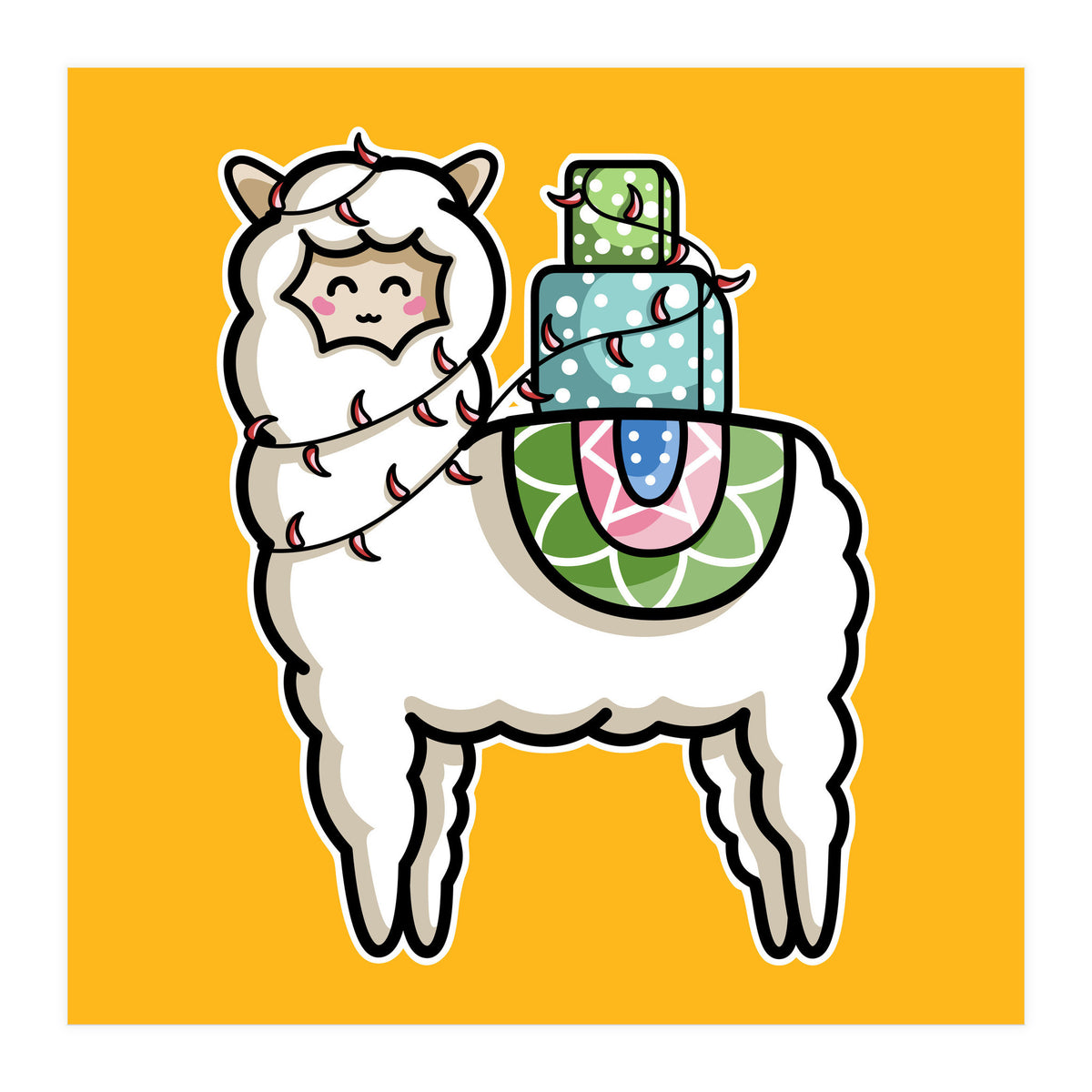 Kawaii Cute Gift Carrying Llama (Print Only)