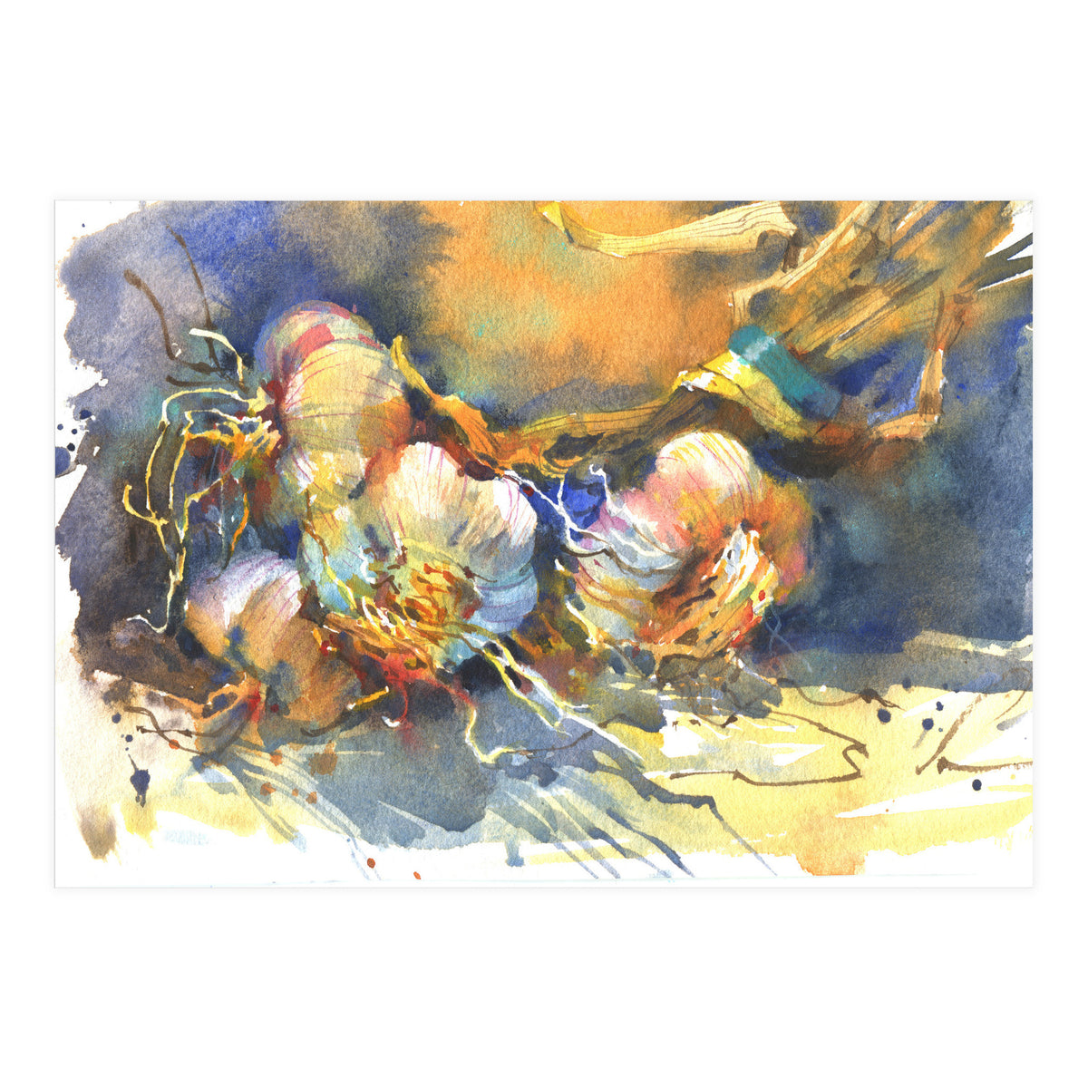 Garlic still life watercolor painting for kitchen  (Print Only)