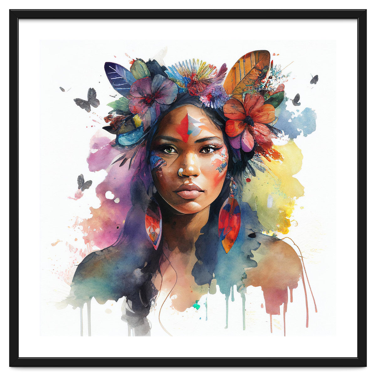 Watercolor Floral Indian Native Woman #1