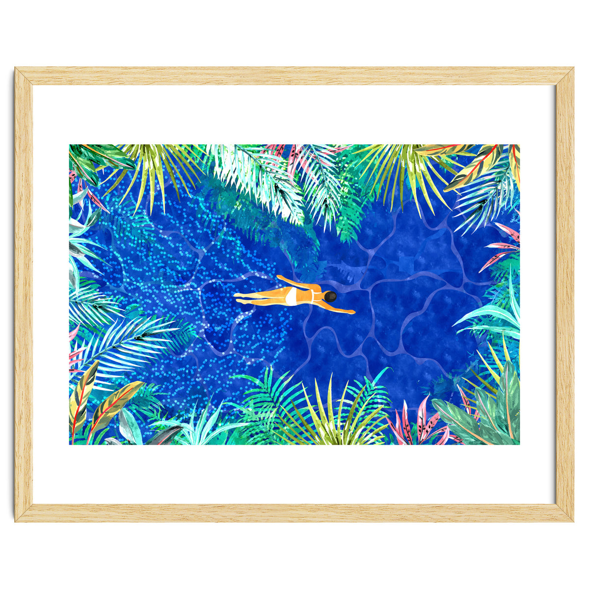 Tropical Jungle Pool | Forest Pop of Color Botanical | Travel Wild Plants Eclectic Watercolor Swim