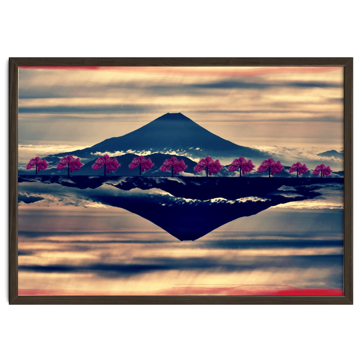 Reflection on Mount Fuji with cherry trees.