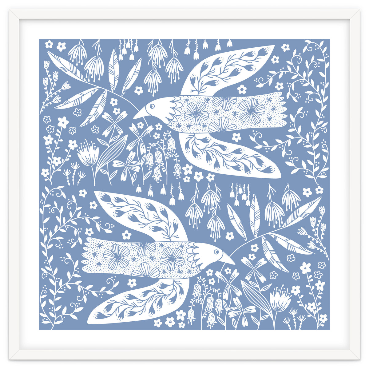 Doves And Flowers White On Blue