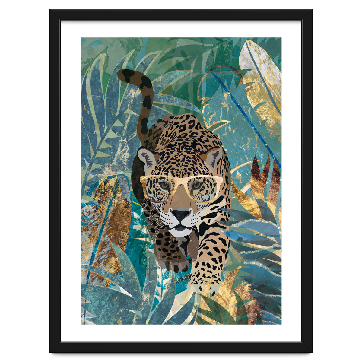 Jaguar in the gold and green tropical jungle