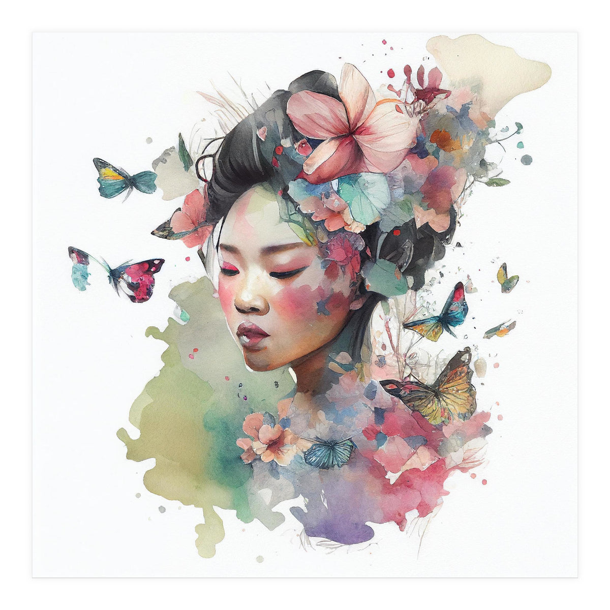 Watercolor Floral Asian Woman #6 (Print Only)