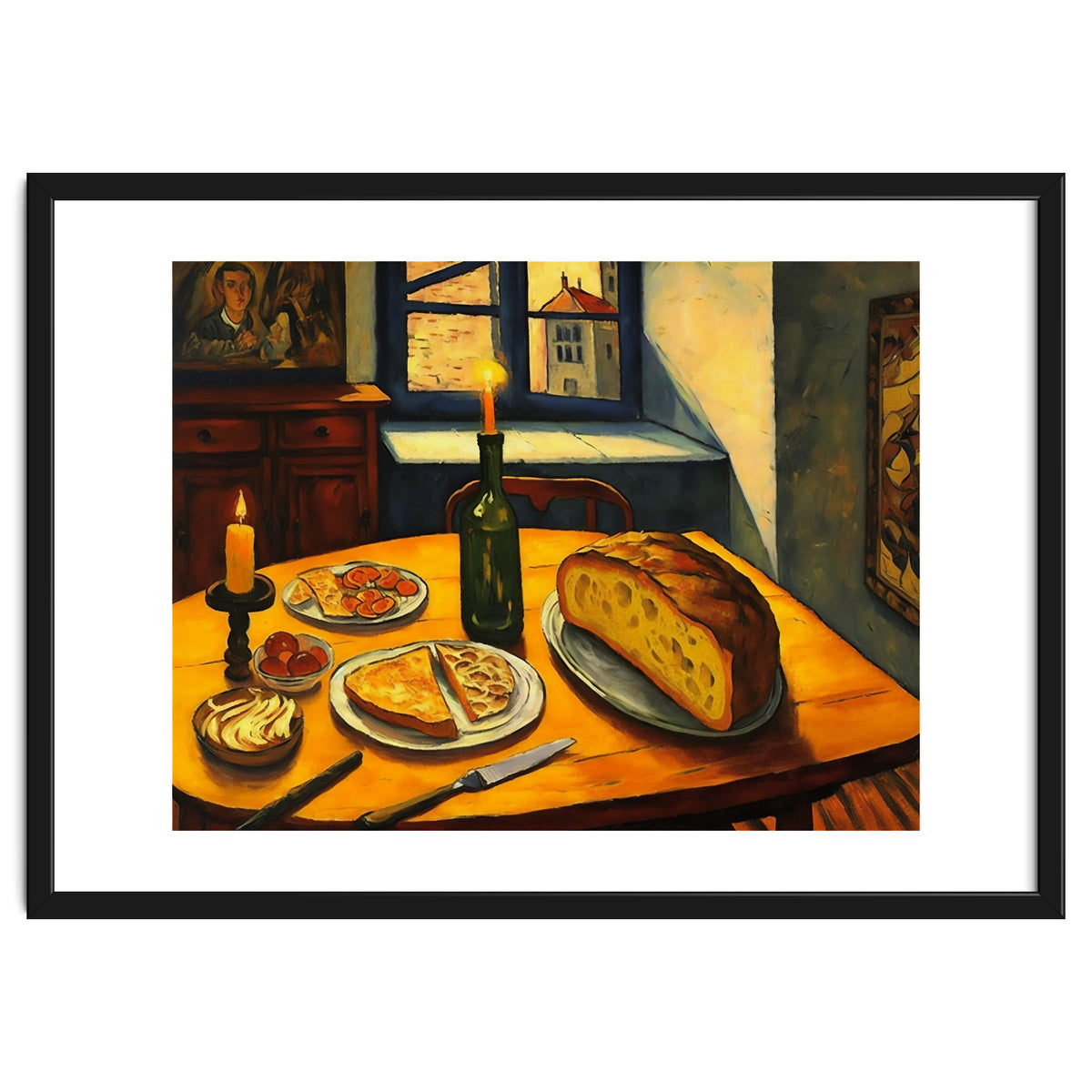 Table Setting of Bread and Cheese Oil Painting
