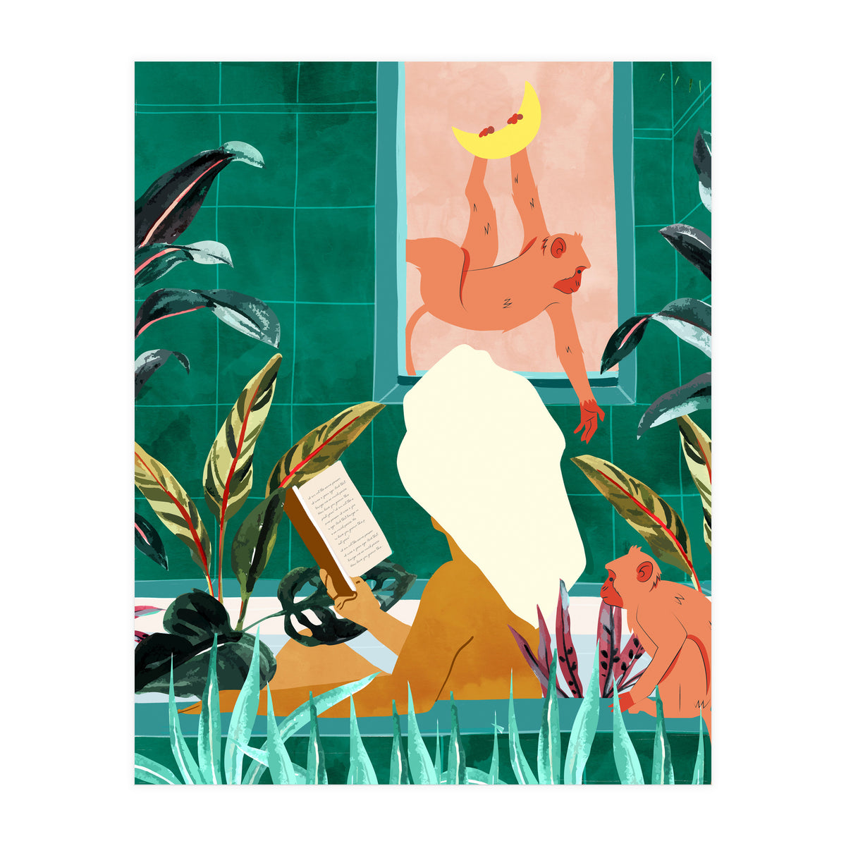 Urban Jungle Bath | Tropical Modern Bohemian Woman Bathtub | Pet Monkey Wild Animals Moon Watercolor (Print Only)