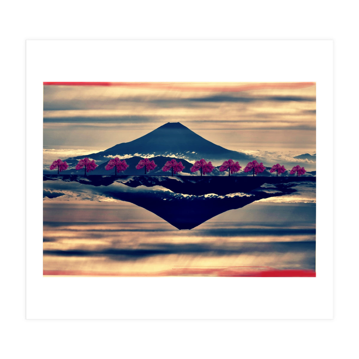 Reflection on Mount Fuji with cherry trees. (Print Only)